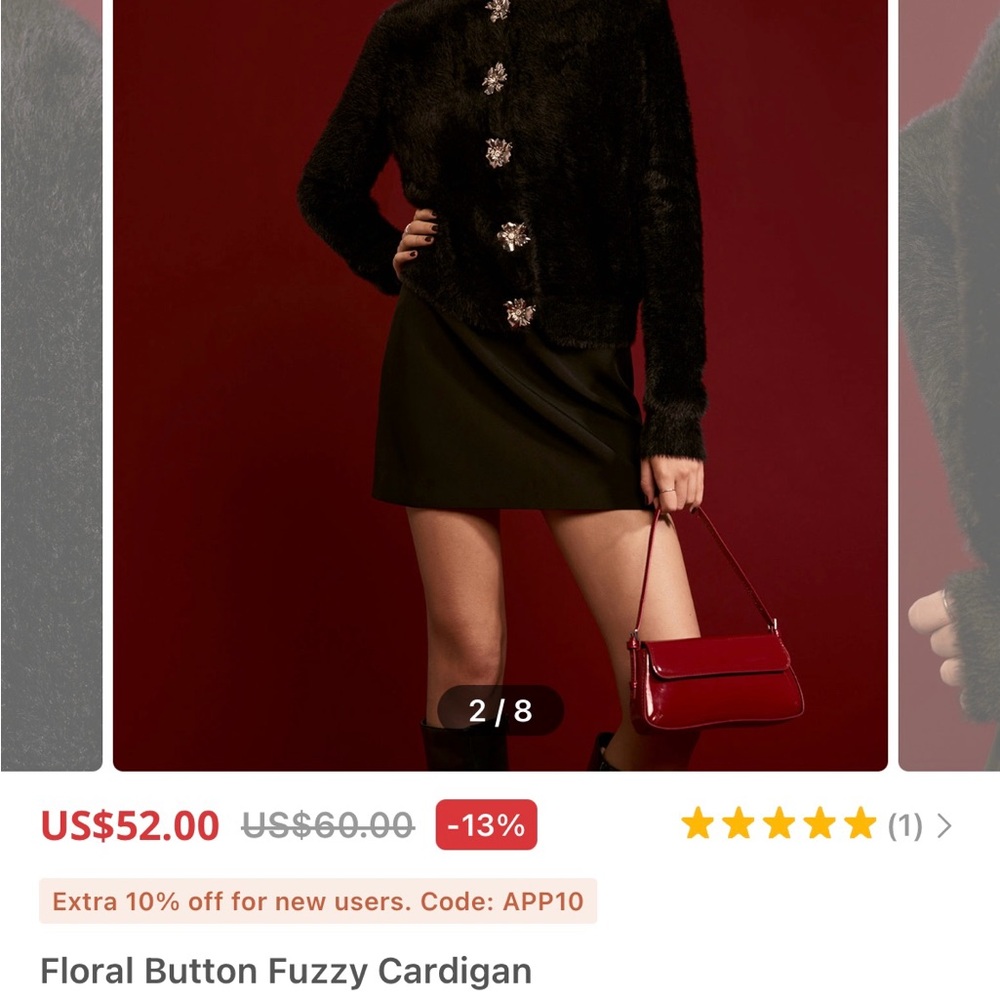 Black Fuzzy Cardigan with Floral Buttons